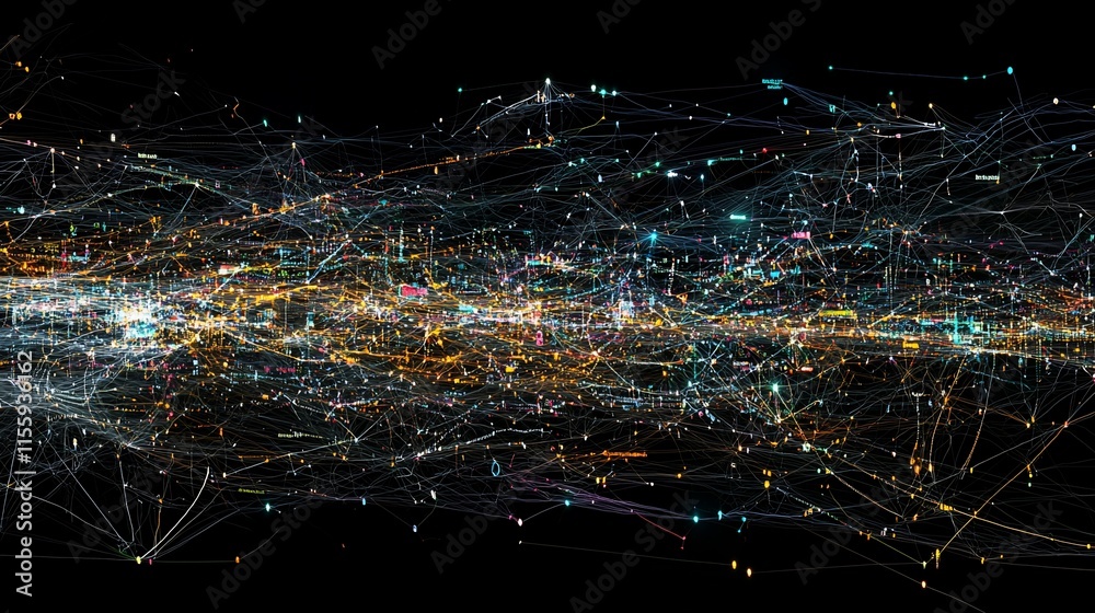 Poster Abstract network visualization, digital data stream, glowing lines and nodes.