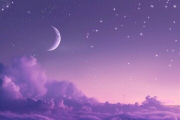 Mystical purple gradient night sky with iridescent clouds and a crescent moon illuminating a serene landscape above the horizon