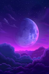 Mystical moonlight illuminates a purple gradient sky filled with fluffy clouds during a serene night