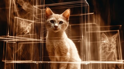 Schrödinger's cat concept in abstract light box with surreal feline reflection