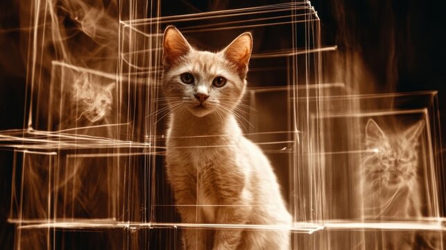 Schrödinger's cat concept in abstract light box with surreal feline reflection