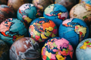 Exploring the concept of globalization through colorful globes showcasing diverse countries and regions in a vibrant collection