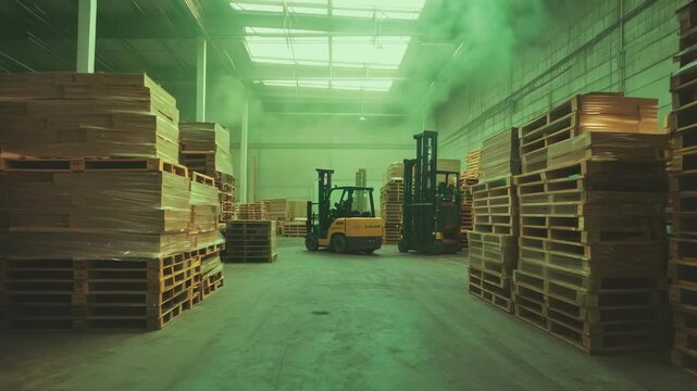 Warehouse, forklifts and wooden pallets stacked in organized rows under bright skylight. Logistics, storage and industrial efficiency in spacious distribution center