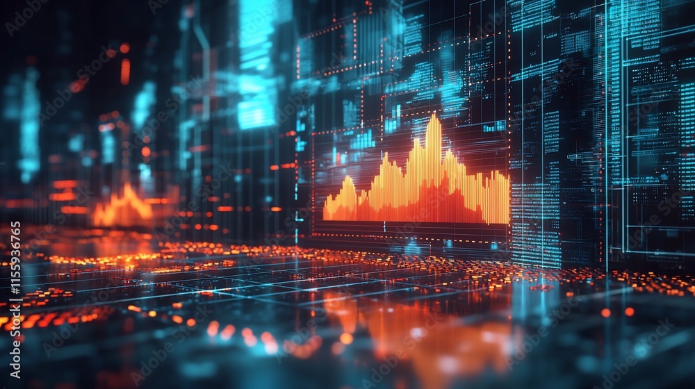 Poster Futuristic digital data visualization with glowing graphs and charts.