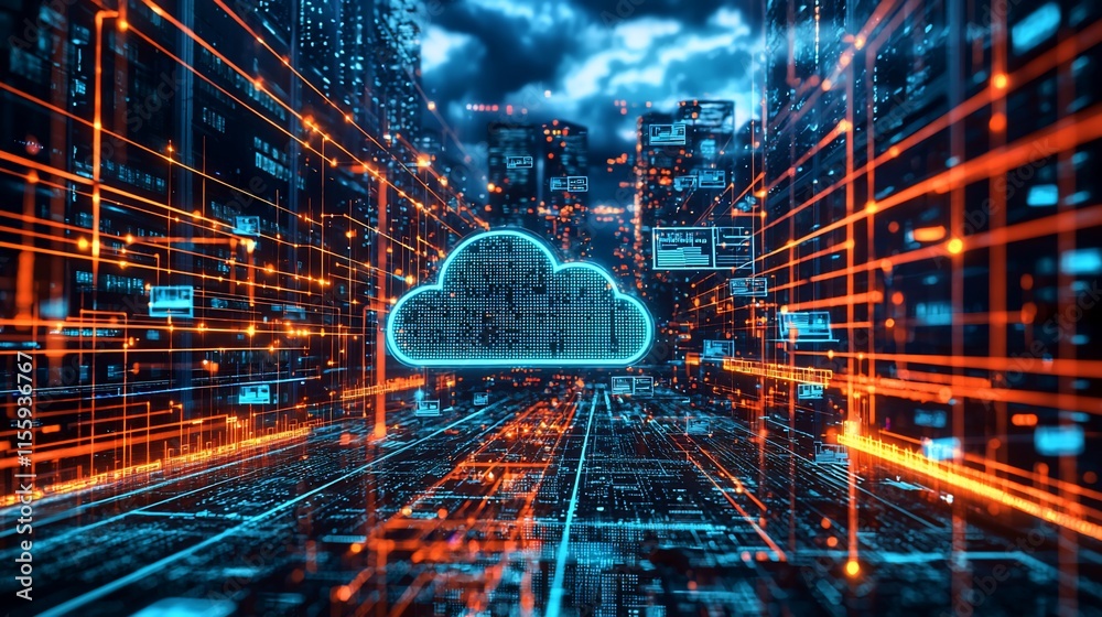 Poster Futuristic cityscape with glowing cloud computing network.