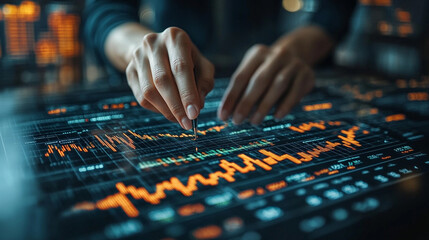 Naklejka premium businessman’s hand analyzes a stock market graph on a digital interface, highlighting financial trends. Represents strategy, investment opportunities, and data-driven decision-making in finance