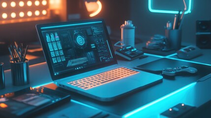 Cyberpunk Gamer's Workstation: Neon-Lit Tech Setup