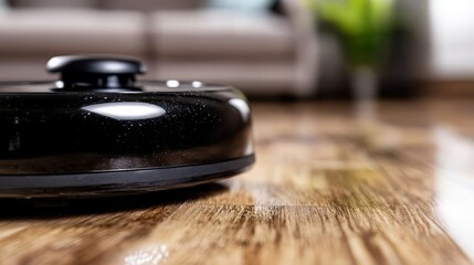 Fototapeta premium A black robot vacuum cleaner sitting on a wooden floor