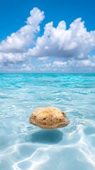 A rock in the middle of the ocean with a blue sky and clouds in the background