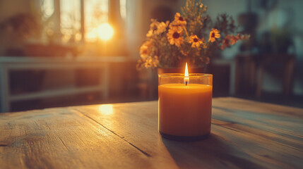 A single lit candle on a plain table surrounded by a modern blurred background symbolizing simplicity hope resilience and calm amidst chaos creating an atmosphere of introspection and balance

