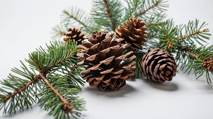 Pine cones and fir branches on white background