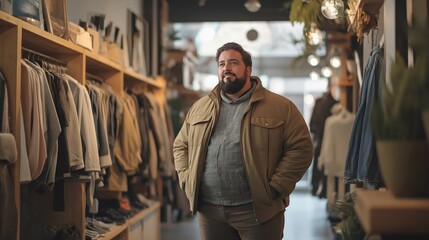Obraz premium A plus-size man browses oversized clothing in a cozy boutique with warm decor and stylish mannequins, illuminated by soft natural light