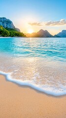 Obraz premium A sandy beach with a sunset in the background