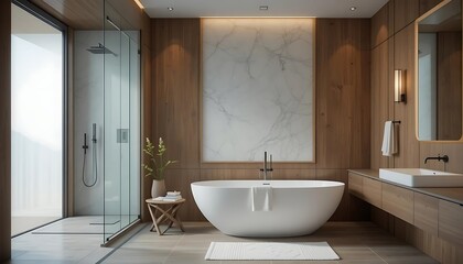 Modern minimalist bathroom design with wooden accents and freestanding tub