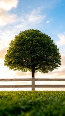 Obraz premium A lone tree in the middle of a grassy field next to a fence