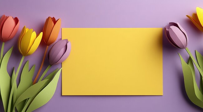 Creative display of paper tulips around a yellow card on a purple background for spring decorations and crafts