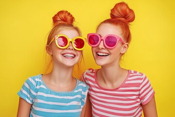 Obraz premium Mother and daughter are having a great time sharing pizza, with the yellow studio setting them apart.