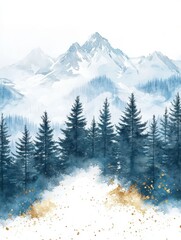 Fototapeta premium Winter background vector. Hand painted watercolor and gold brush texture, Mountain with snow, pine forest hand drawing. Design for wallpaper, wall arts, cover, wedding and. invite card.