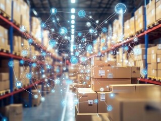 A warehouse filled with boxes, showcasing a digital network overlay for logistics.