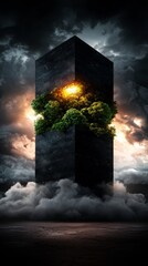 A black building with trees growing out of it in the clouds