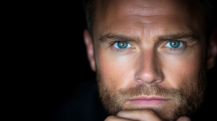 Obraz premium A close up of a man with blue eyes looking at the camera