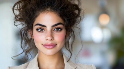 Fototapeta premium A woman with curly hair wearing a beige blazer