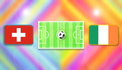 Swiss and Ireland flag on soccer field with ball.Football match concept against multicolored abstract background.Copy space for text.	