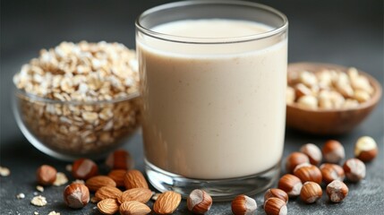 Glass of oat milk with almonds and hazelnuts.