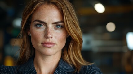 Obraz premium A woman with freckles on her face looking at the camera
