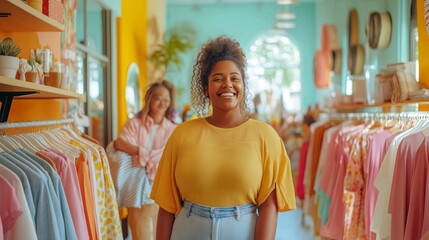 Obraz premium A diverse group of plus-size individuals joyfully browsing colorful oversized clothing in a bright, spacious store with playful decor