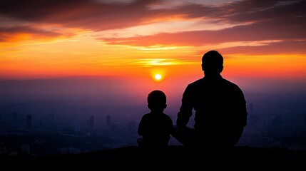 Fototapeta premium A father and child enjoy a serene moment, sitting side by side on a rocky ledge, admiring a vibrant sunset that paints the evening sky with warm hues above a distant city