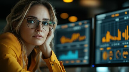 A young woman in an orange blouse sits at her desk with a pensive expression, analyzing data displayed on multiple screens in a contemporary office setting during the evening