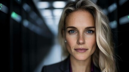 Obraz premium A woman with blonde hair and blue eyes looking at the camera