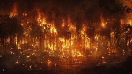 Inferno Wildfire Engulfs Forest Landscape at Night