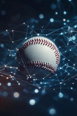 Baseball resting on a blue background with sparkling lights and interconnected lines