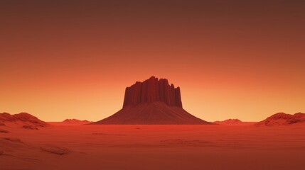 Martian Landscape Solitary Red Rock Formation Under Sunset