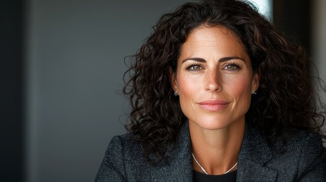 A woman with curly hair wearing a black jacket