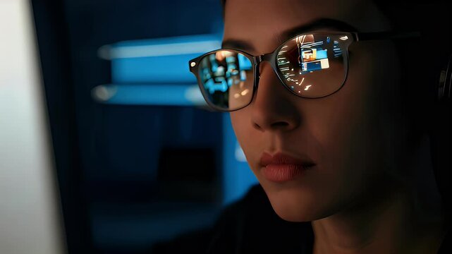 A female techie with glasses is working on artificial technology.