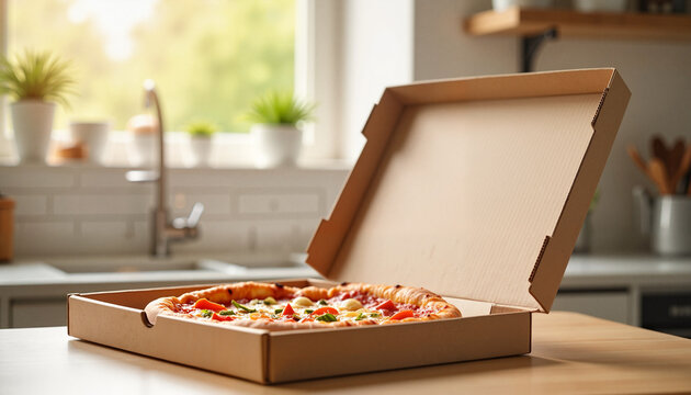 Open pizza box displaying fresh pizza on kitchen counter with natural light