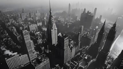 Aerial view of Midtown Manhattan skyscrapers in fog, 1940s.