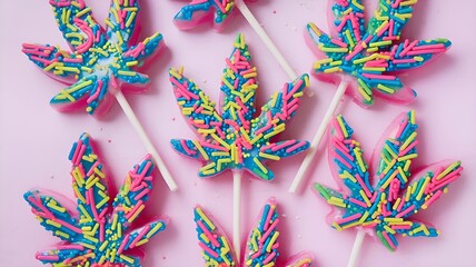 Lollipops in the shape of vibrant cannabis leaves with vibrant sprinkles on a pastel pink backdrop. Sweet treat advertising, entertaining design, and edible concept.