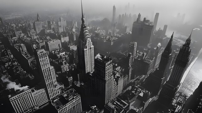Fototapeta Aerial view of Midtown Manhattan skyscrapers in fog, 1940s.
