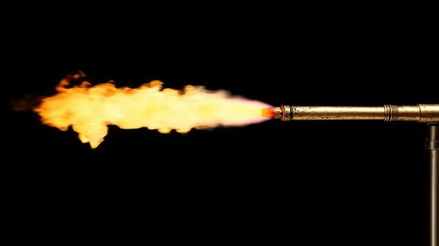 Flames erupt from the nozzle of a metal device during a controlled demonstration at a scientific event