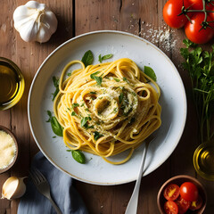 Plate of gourmet pasta served on a rustic wooden table, with fresh herbs and parmesan sprinkled on top, surrounded by ingredients like tomatoes, garlic, and olive oil, soft natural lighting."