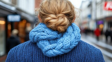 A woman wearing a thick blue sweater with a knitted collar strolls through a lively shopping street. The atmosphere is vibrant and filled with people enjoying the cool autumn weather