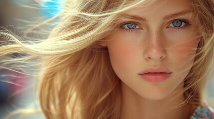 Fototapeta premium A young woman stands outdoors with her hair blowing in the wind, showcasing her vivid blue eyes and natural beauty amidst an urban background on a sunny day