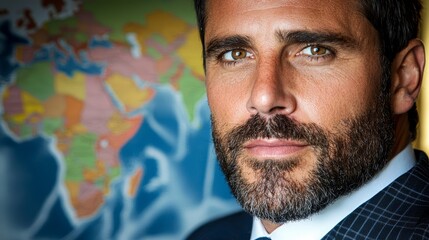 A man in a suit and tie standing in front of a map