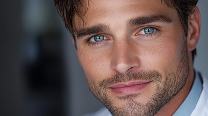 Obraz premium A close up of a man with blue eyes looking at the camera