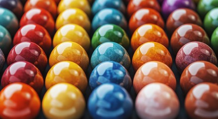 Colorful arrangement of glossy marbles in various hues showcasing vibrant patterns and reflections