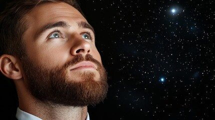 Obraz premium A man with a beard looking up at the stars